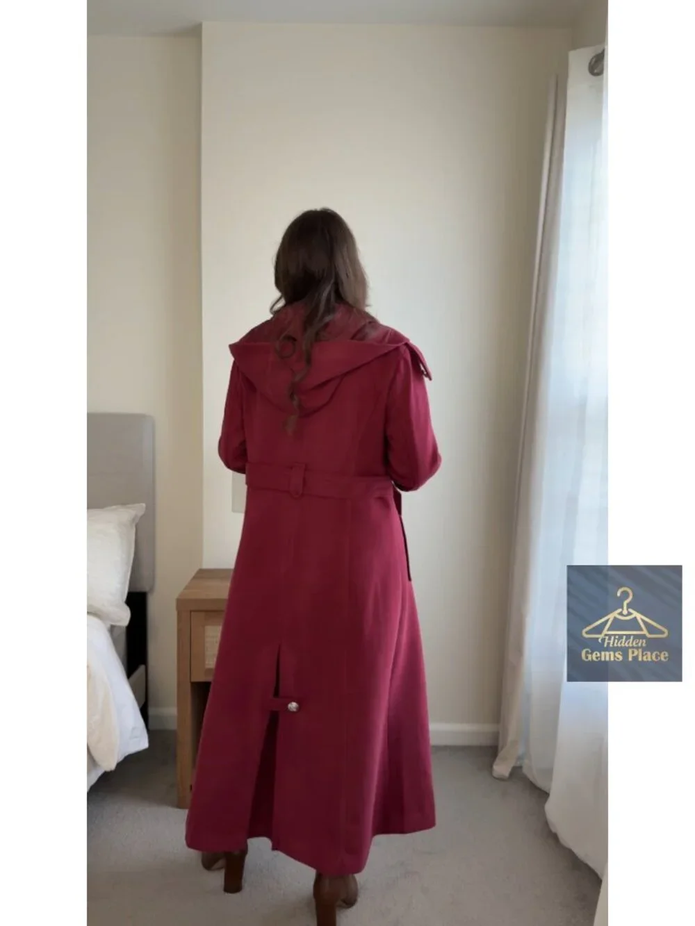 Women's Extra Long Double-Breasted Hooded Wool Blend Trench Coat